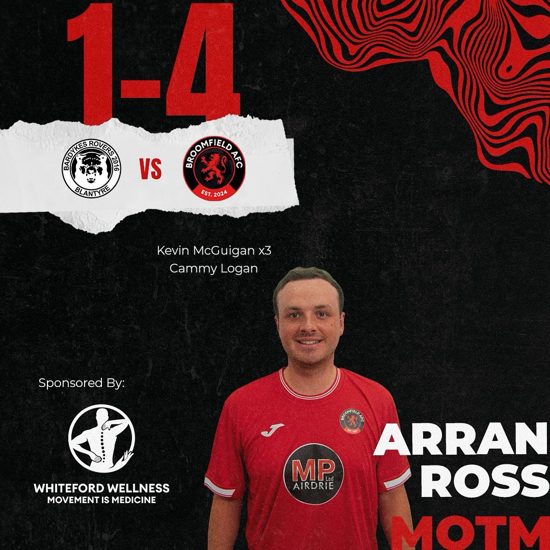 A&amp;C Premiership
Matchday 5

Bardyke Rovers 1-4 Broomfield AFC

Kevin McGuigan ⚽️⚽️⚽️
Cammy Logan ⚽️

Aaran Stewart 📍📍
Liam Doris 📍
Arran Ross 📍

Motm: Arran Ross

Good bounce back performance from the lads👏🏼

MonTheBroomy⚫️🔴

<a href="/scottish_aff/">AmateurFixturesResultsSCO</a>