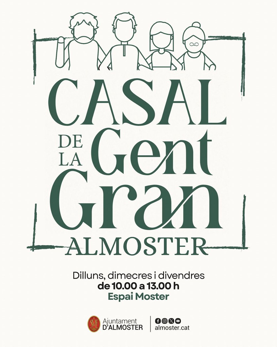 COMENÇA EL CASAL DE LA GENT GRAN 👵🏼
Aquest dilluns 15 de setembre comença el curs 2025/26 del Casal de la Gent Gran.

🗓️ Dilluns, dimecres i divendres
🕙 10.00 a 13.00 h
📍 Espai Moster

Les persones majors de 65 anys us podeu inscriure, gratuïtament, els dies de casal.