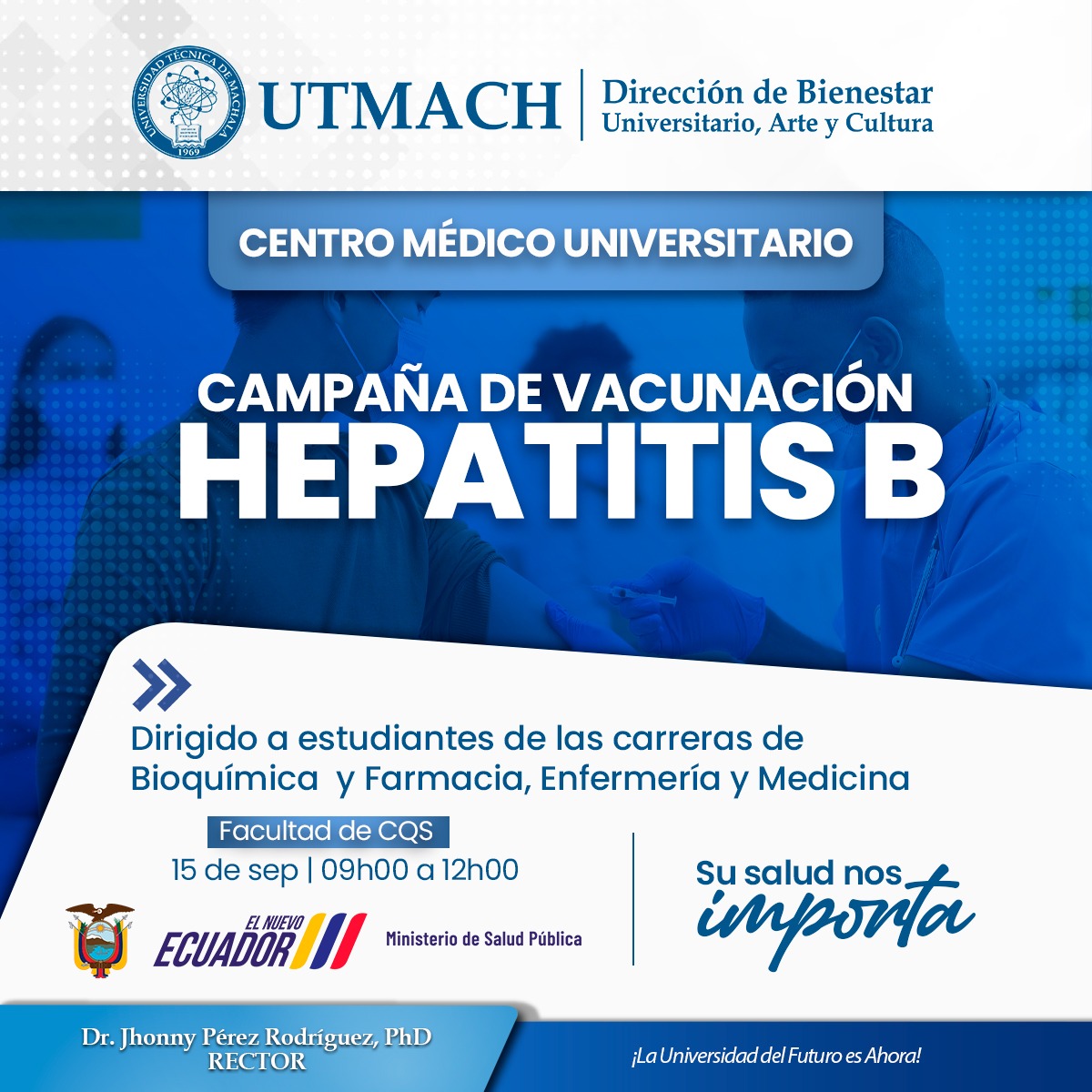 💉✨ #UTMACH te invita a la Campaña de Vacunación contra la Hepatitis B

📍 FCQS
📅 15/09 | ⏰ 09h00-12h00
👩‍⚕️👨‍⚕️ Dirigido a estudiantes de Bioquímica y Farmacia, Enfermería y Medicina.

👉 ¡Tu salud nos importa!
#BienestarUniversitario #Vacunación