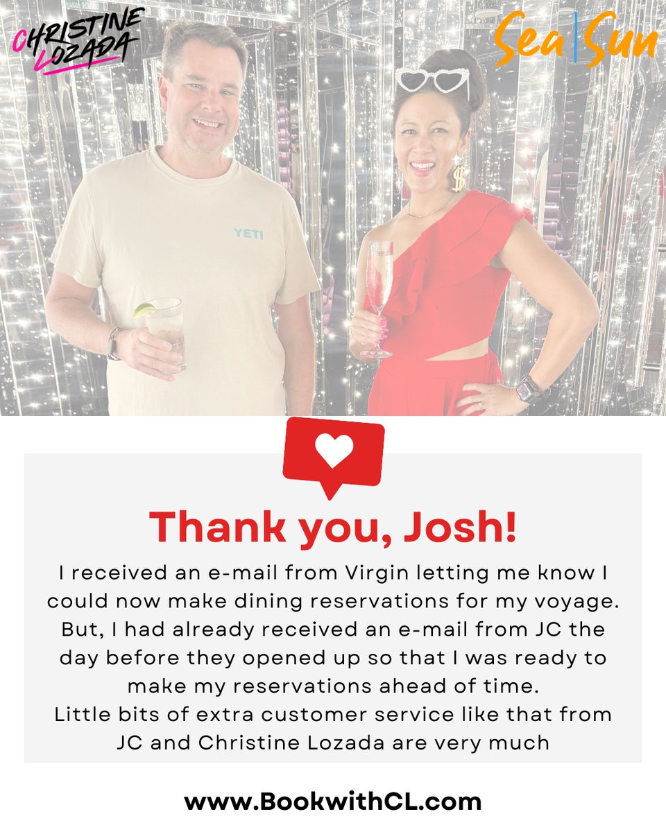 We're happy when our clients are happy! Thank you for booking your @virginvoyages cruise with us!

🛳️ Book your sailing with a Top 10 Virgin Voyages First Mate!
BookWithCL.com

#virginvoyages #virgincruises #virgincruise #cruisevacation #virginvoyagescruise