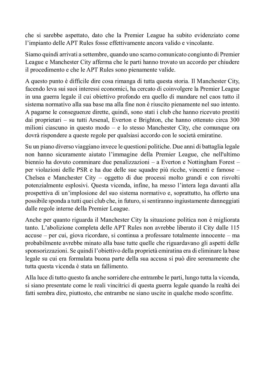 Il Manchester City le sta provando tutte per salvarsi dalle penalizzazioni. Le APT Rules sono l'ultimo capitolo della battaglia legale tra City e Premier League. Un bell'articolo di Ultimo Uomo che ci spiega come stanno le indagini sul Manchester City e cosa rischia. 12/09/2025.
