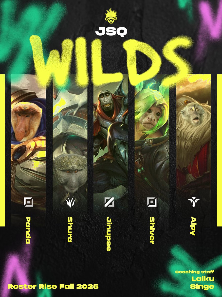 JungleSquad_GG's tweet photo. Très chers singes,

Voici l’équipe qui nous représentera lors du 2R2T Rise - Fall Split 2025 : JSQ Wilds 🐒

#SINJWIN 🐒 https://t.co/K0ZRkUStNd