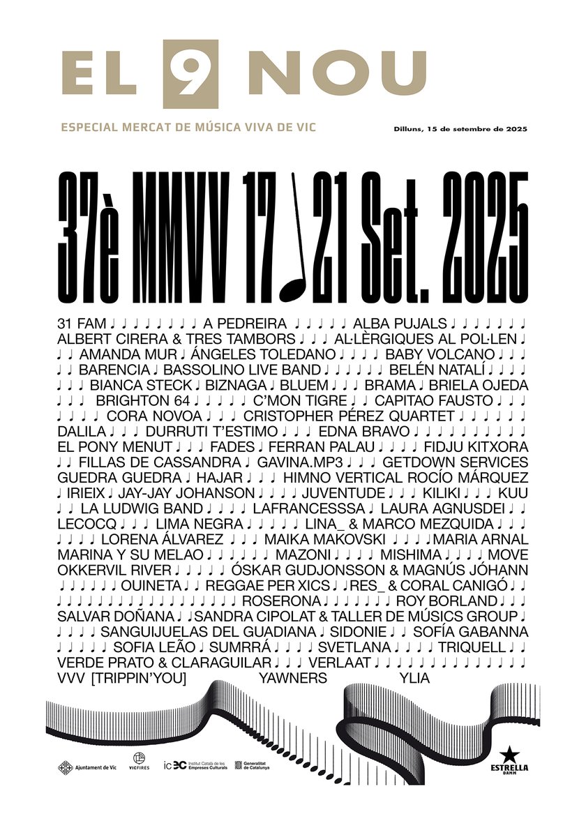 🎶📖 Aquest dilluns amb EL 9 NOU arriba la “Bíblia” del Mercat de Música Viva de Vic!

👉 40 pàgines amb:
✔️ Tots els grups comentats per experts
✔️ Escenaris i horaris
✔️ Les novetats més destacades
✔️ Entrevista als nous directors artístics
✔️ La programació especial d’ @el9tv