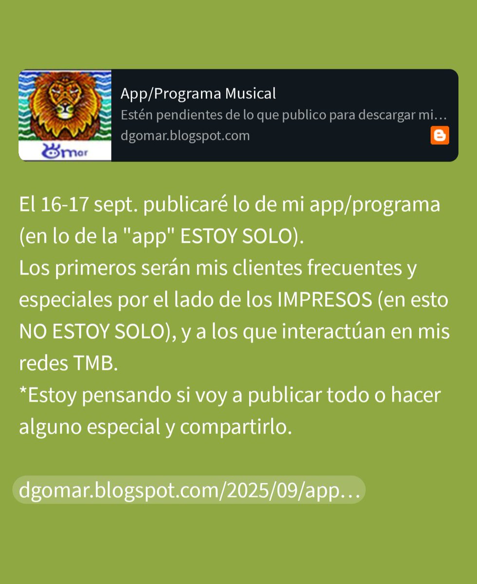 EstarronaOmar's tweet image. El 16-17 sept. publicaré lo de mi app/programa (ESTOY SOLO).

Los primeros serán mis clientes frecuentes por el lado de los IMPRESOS (NO ESTOY SOLO), y a los que interactúan en mis redes TMB.

*Estoy pensando si publicar todo o hacer uno especial.

dgomar.blogspot.com