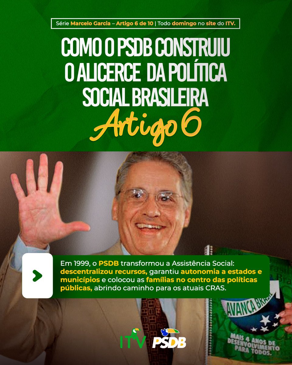 ITV_Oficial's tweet image. 📚 Em 1999, o PSDB liderou uma mudança histórica na Assistência Social. 
Os recursos foram descentralizados, estados e municípios ganharam autonomia e as famílias passaram a ser o foco das políticas públicas.

Leia o artigo no site do ITV 👉 itv.org.br/noticia/histor…

#PSDB #ITV