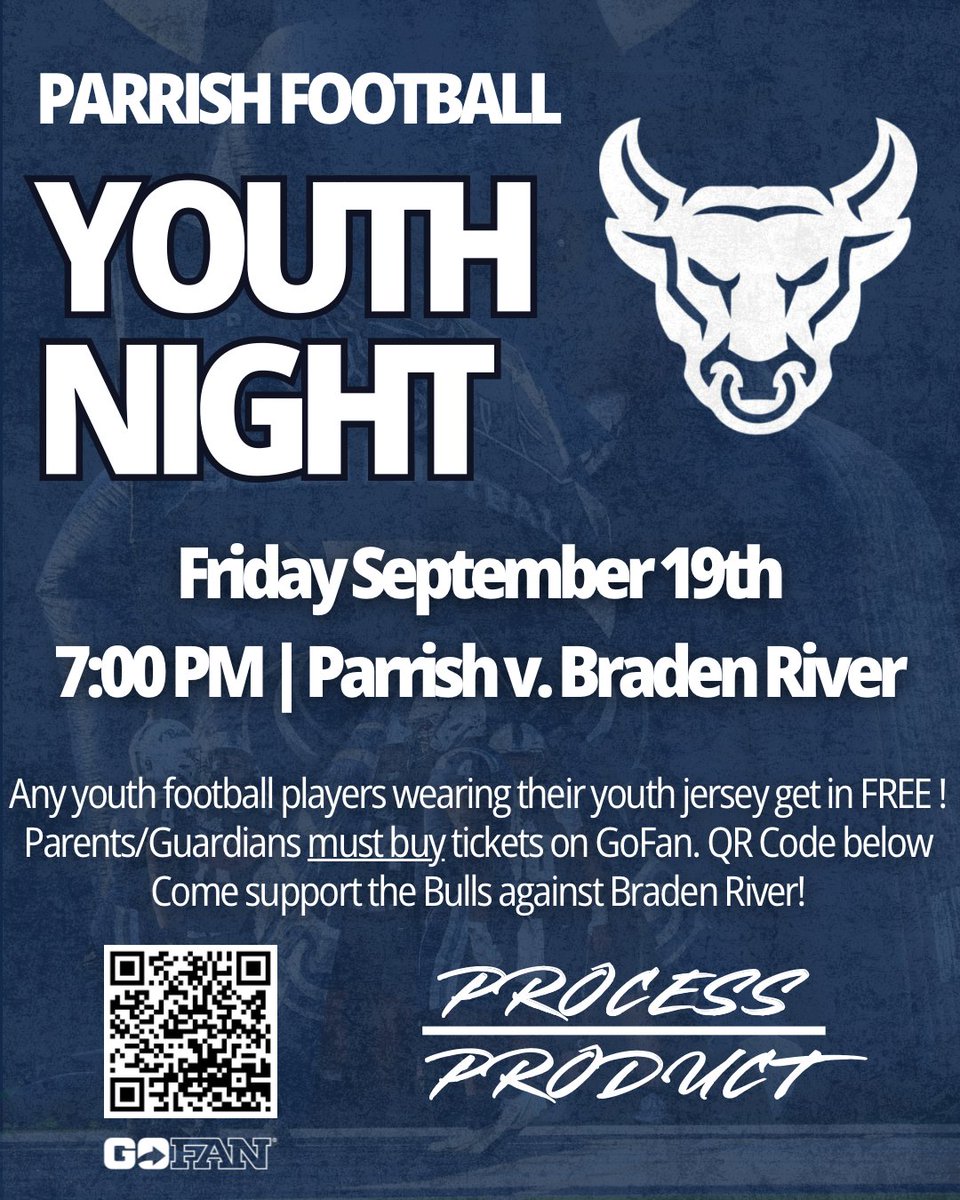 Attention youth football players and parents, the Parrish Community High School Football Program is hosting Youth Night this Friday as we take on Braden River High School.  Kickoff is scheduled for 7pm at PCHS.  See the graphic below for more information.