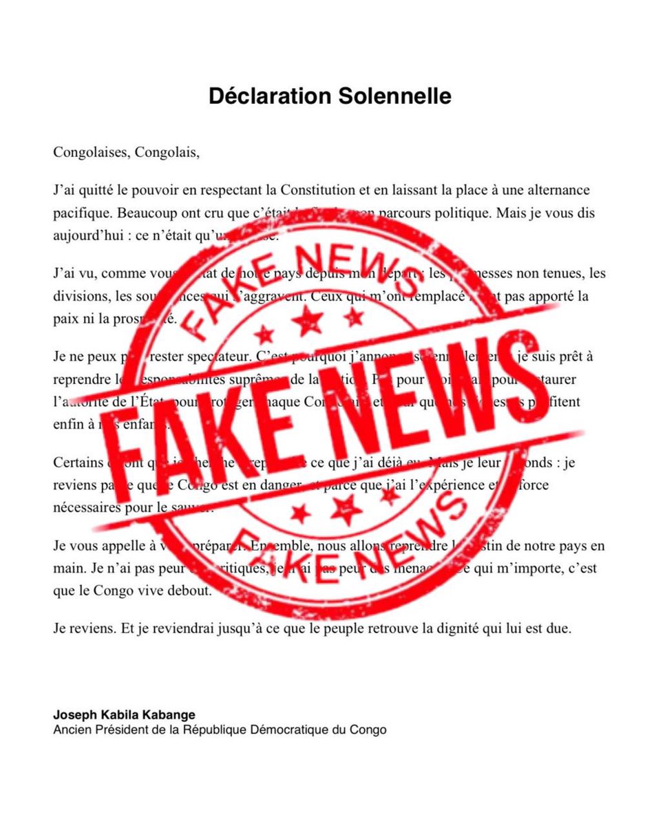 Reconstruire RDC (@reconstruirerdc) on Twitter photo Cette déclaration n’a aucun lien avec le Président Honoraire Joseph Kabila Kabange, c’est donc un fake news.
<a href="/MinakuAubin/">Aubin MINAKU</a> <a href="/kikayabinkarubi/">Barnabé Kikaya Bin Karubi</a> Cette déclaration n’a aucun lien avec le Président Honoraire Joseph Kabila Kabange, c’est donc un fake news.
<a href="/MinakuAubin/">Aubin MINAKU</a> <a href="/kikayabinkarubi/">Barnabé Kikaya Bin Karubi</a>