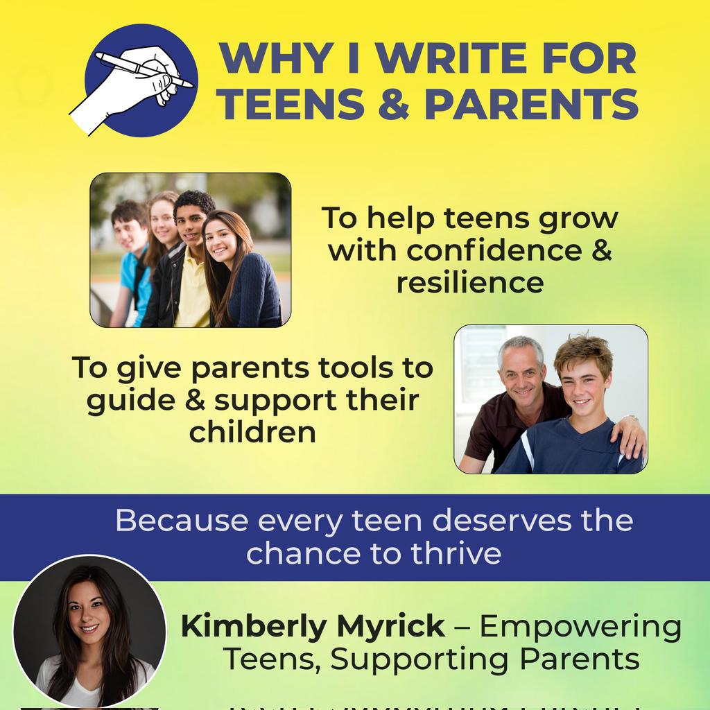 kimmauthor's tweet photo. I write for teens and parents to help build confidence, connection, and courage—because every teen deserves the chance to thrive.  

#teens #parents #confidence #selfesteem #personaldevelopment #parentingtips #parentingadvice #kimberlymyrickauthor https://t.co/oMxwi73wDX