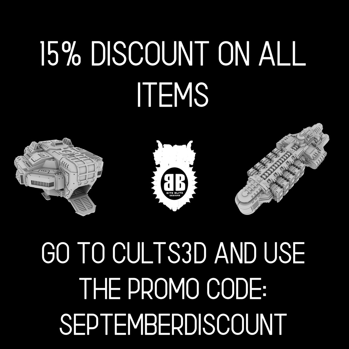 I'm off till the end of the month, so I thought to give y'all a discount!

Go to my Cults3d shop and use the promo code 'SEPTEMBERDISCOUNT' to get 15% off all my items

cults3d.com/en/users/BitsB…