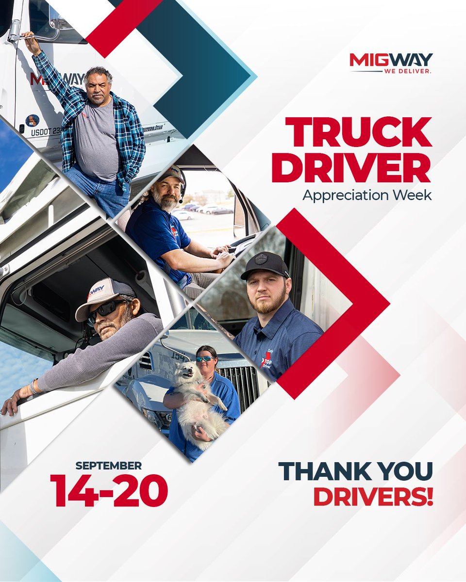 🚛 Driver Appreciation Week 🚛
At MigWay, every mile you drive counts. Every load delivered, every hour on the road — we see it.

To our drivers, American and Slavic alike: Спасибо. Дякуємо. Thank you.

Without you, freight doesn’t move. The economy doesn’t run. Families don’t