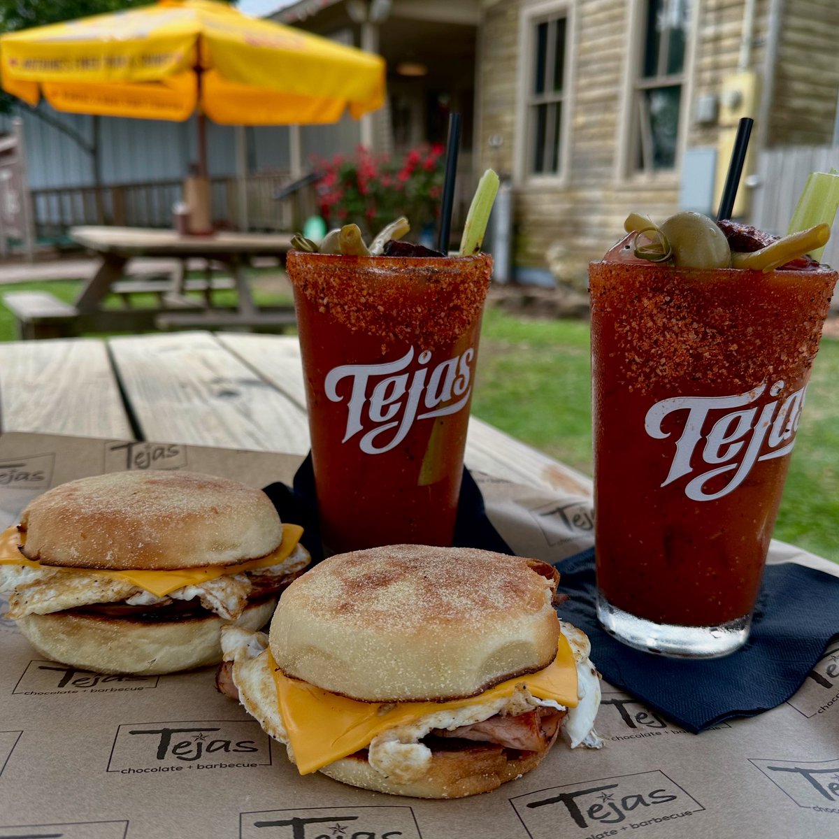 Brisket Egg McStuffins and Bloody Marys. English muffins come from Tomball Farmers Market and it’s a scratch Bloody Mary mix. #sundayvibes