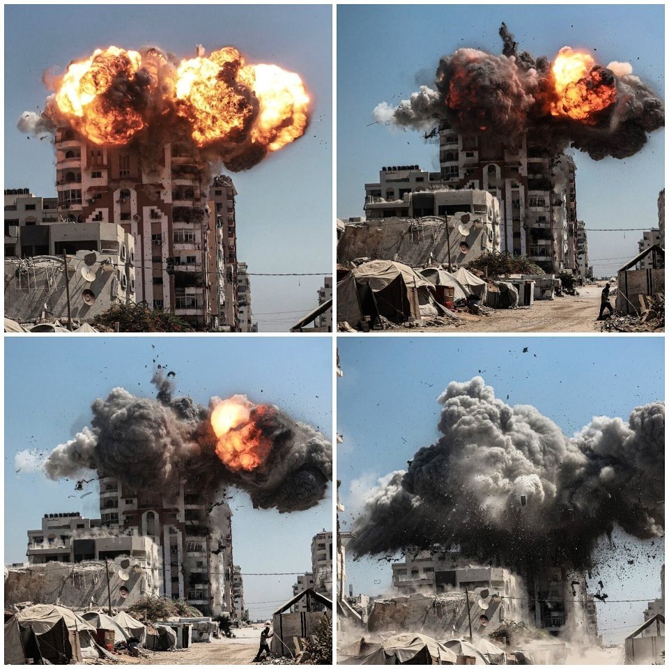 🔴 İsrail güçlerine ait uçakların, Gazze Şehri’nin güneybatısındaki “Muhanna” Kulesi’ni vurma anına ait görüntüler.