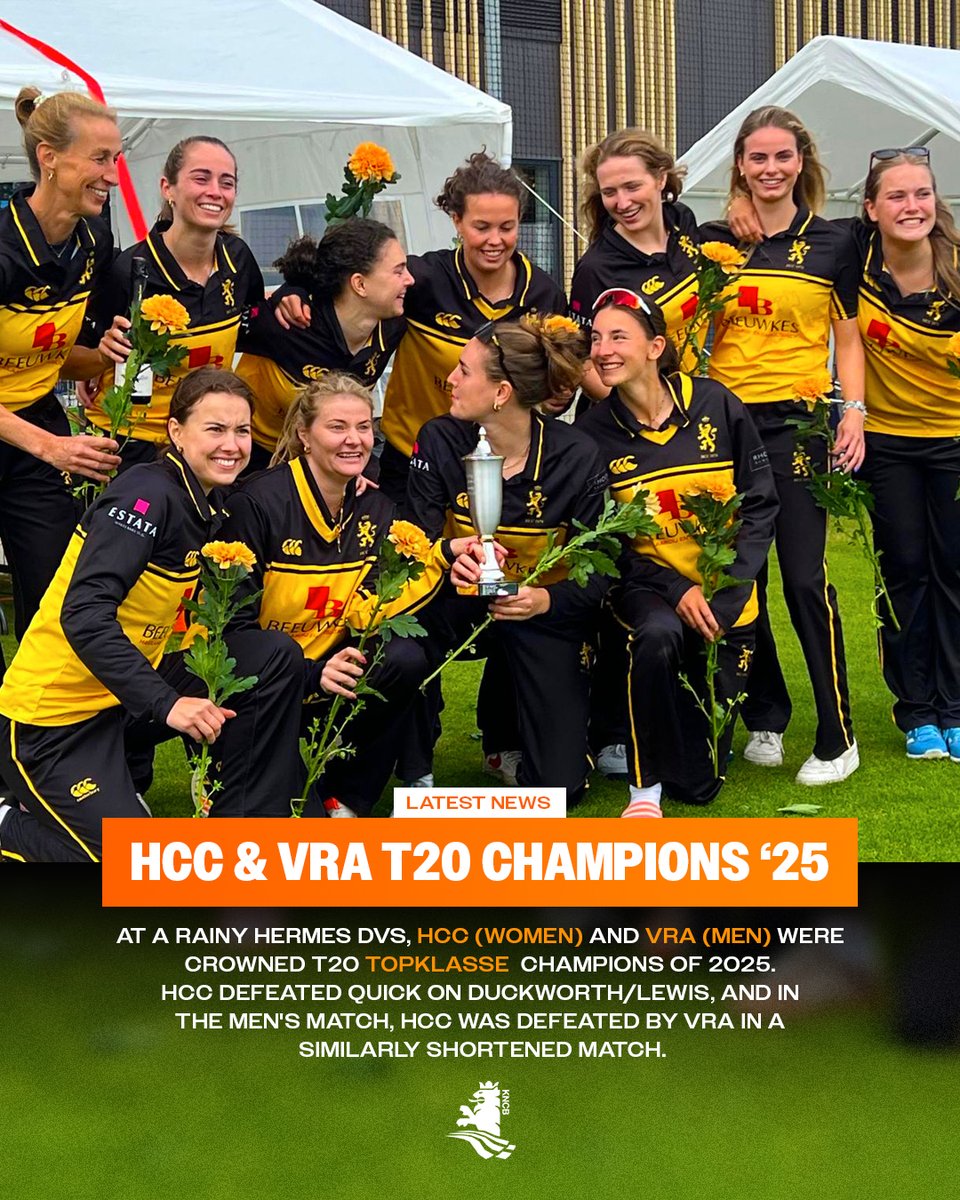 🏆 𝗧𝟮𝟬 𝗧𝗼𝗽𝗸𝗹𝗮𝘀𝘀𝗲 𝗖𝗵𝗮𝗺𝗽𝗶𝗼𝗻𝘀 𝟮𝟬𝟮𝟱

Congratulations to both HCC and VRA on their titles! 🎉

👉 Full match report now on kncb.nl/en/news/hcc-wo…