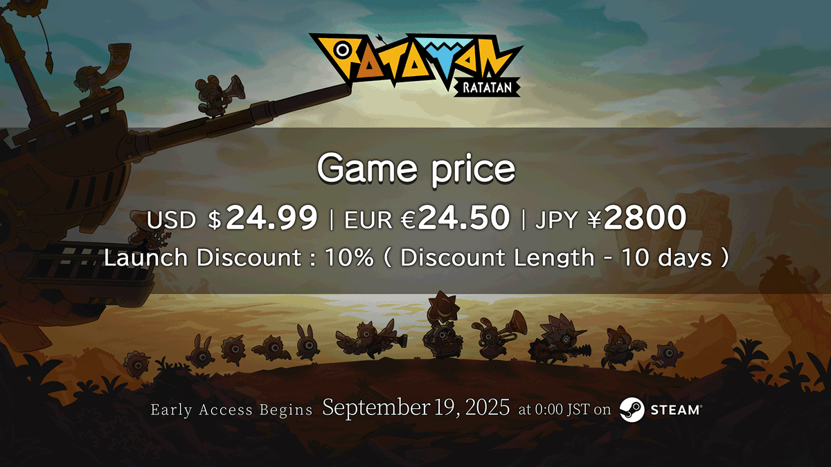 ratatan_game's tweet photo. 『ラタタン』アーリーアクセスは9月19日（金）配信開始
配信開始時刻：
8AM PT | 11AM ET | 5PM CEST | 12AM JST (9/19)

価格：
USD $24.99 | EUR €24.50 | JPY ¥2800
※発売から10日間は10%OFF
https://t.co/UIfC6IcCet https://t.co/NczDnCTVBR