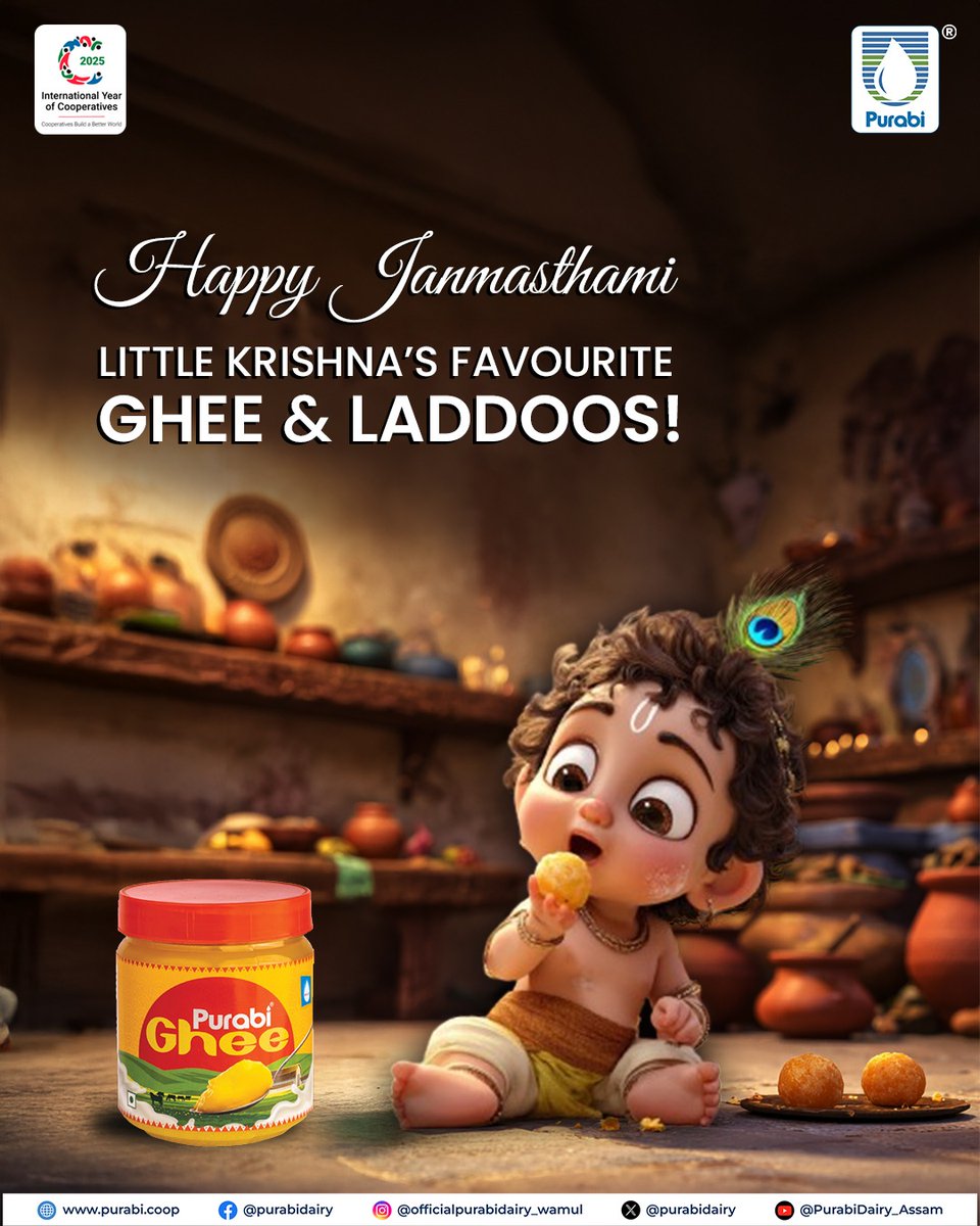purabidairy's tweet image. On this Janmashtami, let’s celebrate with the divine taste of Purabi Ghee &amp;amp; Laddoos – Little Krishna’s eternal favourite! 💛

#happyjanmashtami #krishnalove #PurabiDairy #divinetaste #laddo #devotion