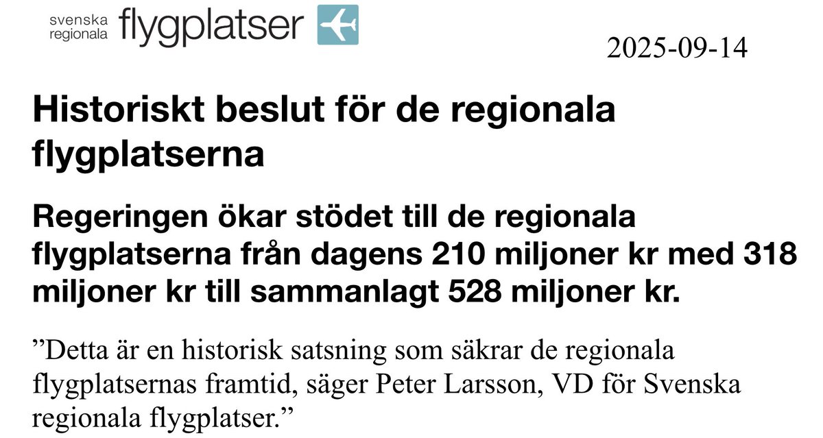 Regeringen höjer stödet till de regionala flygplatserna till 528 miljoner kr. #svpol svt.se/nyheter/lokalt…