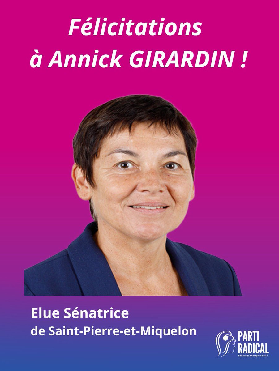 🇫🇷 J’adresse toutes mes félicitations à <a href="/AnnickGirardin/">Annick Girardin</a> qui vient d'être élue Sénatrice <a href="/PartiRadical/">Parti Radical</a> de Saint-Pierre-et-Miquelon à l'occasion d'une sénatoriale partielle. Une victoire amplement méritée au regard de ton investissement dans le développement de ton territoire 👏🏻