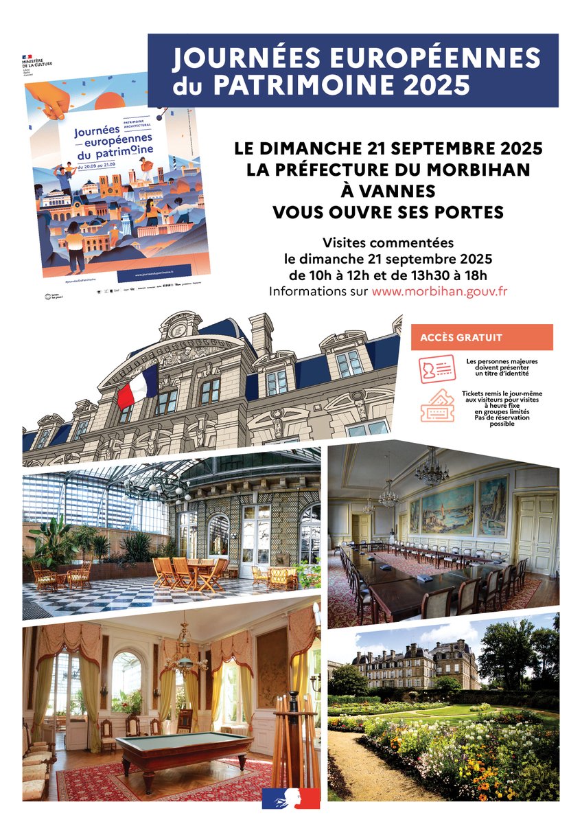Journées Européennes du Patrimoine 2025 |
#JEP2025 
J-7
La préfecture du #Morbihan à #Vannes ouvre ses portes au public à l'occasion des Journées Européennes du Patrimoine le dimanche 21 septembre 2025.

Afin de faire découvrir les salons, le jardin d'hiver, mais aussi les