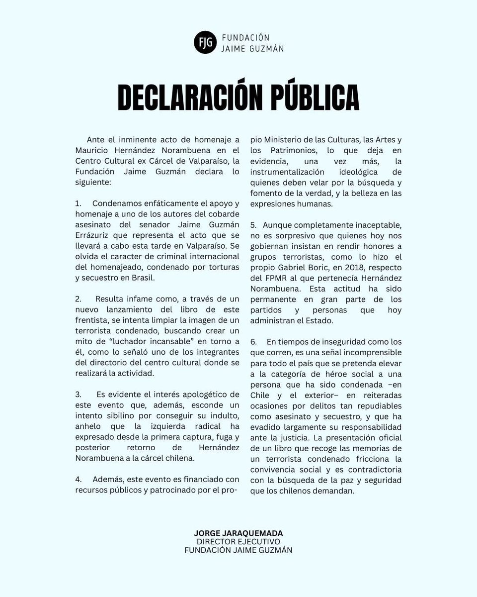 Declaración de la fundación Jaime Guzmán por rendirles honores al terrorista Mauricio Hernández Norambuena.