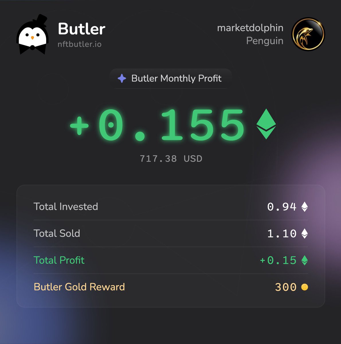 Market_Dolphin's tweet photo. 0.155 Ξ in profit made in the last 14 days using @nftbutler 💰📈

Sharing on X to grab my extra 300 Butler Gold 🟠
Bidding’s a breeze with NFT Butler in my arsenal!  🐧

#NFT #NFTCommunity #NFTButler

https://t.co/ltNwWBAr8E https://t.co/JmrQz2301y