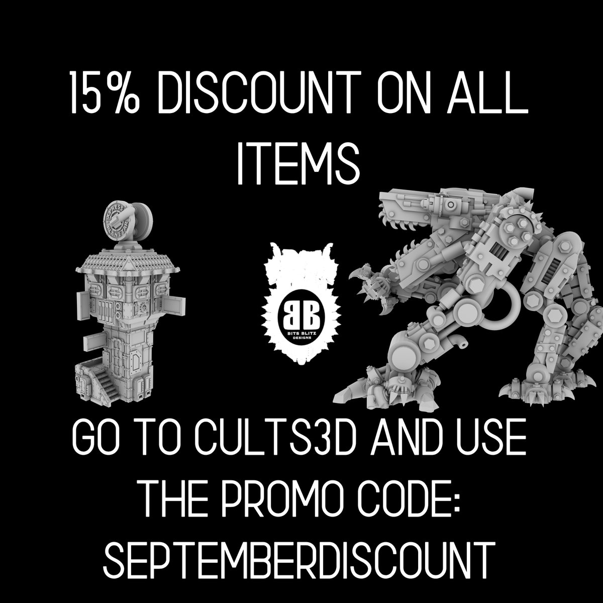 I'm off till the end of the month, so I thought to give y'all a discount!

Go to my Cults3d shop and use the promo code 'SEPTEMBERDISCOUNT' to get 15% off all my items

cults3d.com/en/users/BitsB…