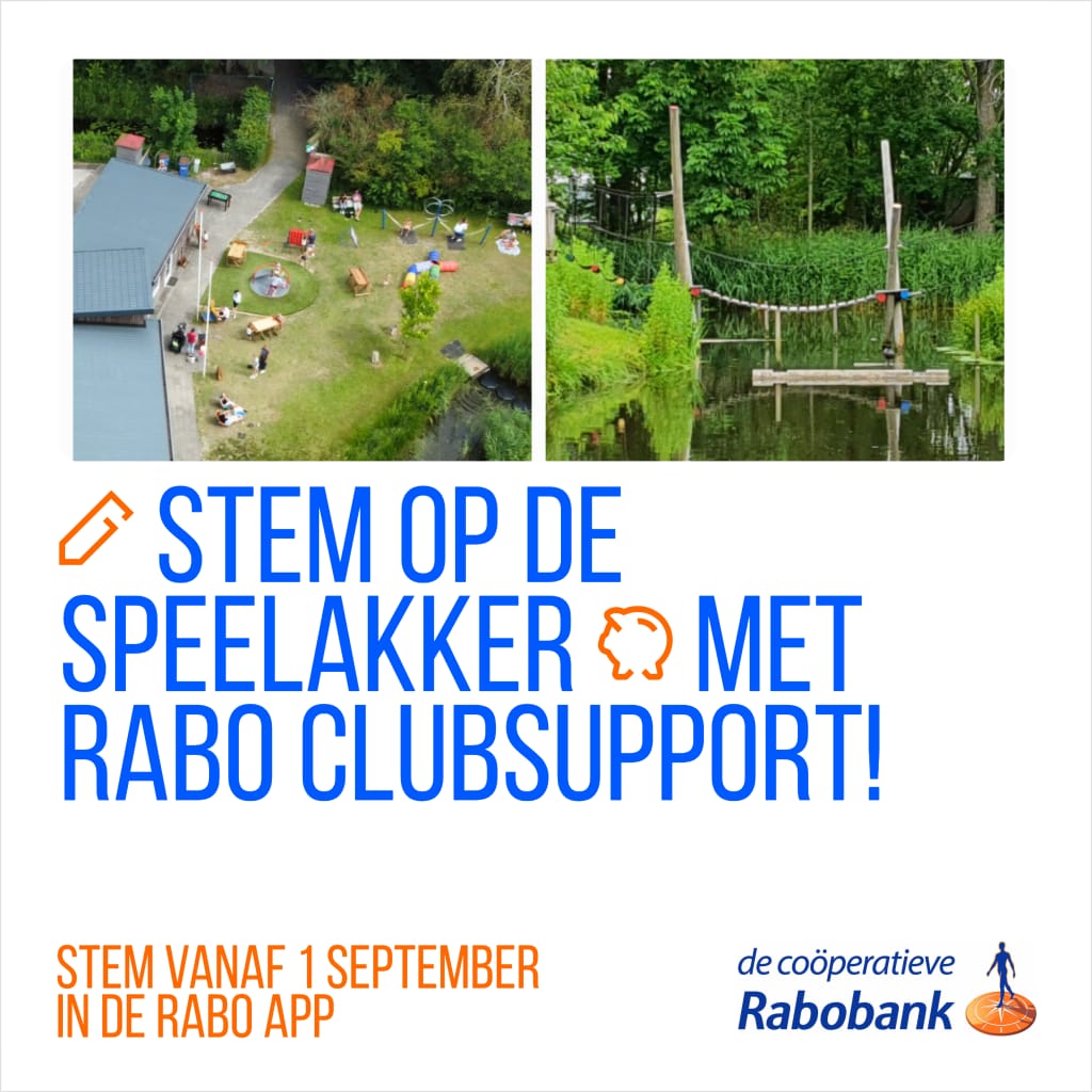Ook dit jaar doen we weer mee met #RaboClubsupport. We sparen voor vernieuwing van de avontuurlijke brug tussen de eilanden.
𝗦𝘁𝗲𝗺 𝗷𝗶𝗷 𝗼𝗽 𝗼𝗻𝘀? Dat kan nog t/m 23 september, via de Rabo app of online op rabobank.nl/clubsupport 
Alvast bedankt!