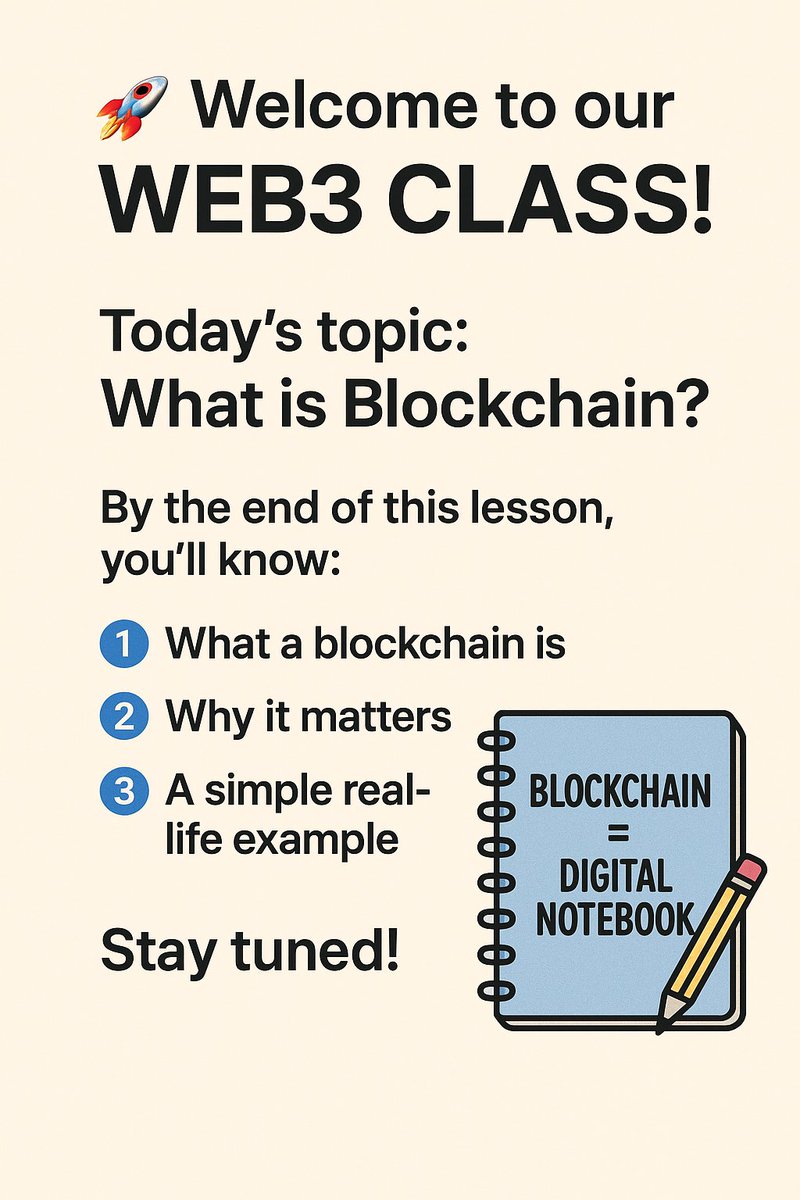 Salisu_Musa_twd's tweet image. What's blockchain?
A blockchain is like a digital notebook.
Everyone can see it 🫱
Nobody can erase old notes ✍️
It records transactions forever ⏳
That’s why it’s called transparent & secure 🔒
Tweet, comment and quote for more! 
#Web3Education #BlockchainBasics