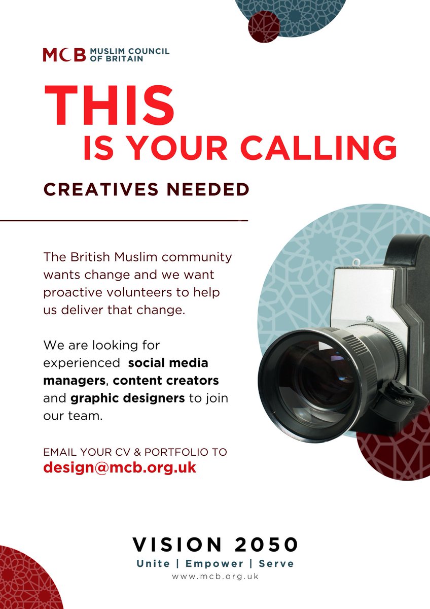 MCB (@muslimcouncil) on Twitter photo Are you a creative with a passion for digital media.
The Muslim Council of Britain is looking for volunteer graphic designers and digital media enthusiasts to support our work across social platforms and campaigns.
Whether you're experienced or just starting out, we'd love to Are you a creative with a passion for digital media.
The Muslim Council of Britain is looking for volunteer graphic designers and digital media enthusiasts to support our work across social platforms and campaigns.
Whether you're experienced or just starting out, we'd love to