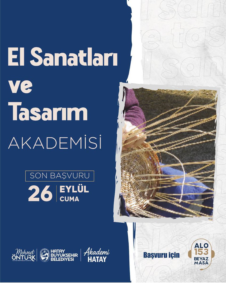 HatayBSB's tweet photo. Akademi Hatay – El Sanatları ve Tasarım Akademisi Güz dönemi kurs kayıtları başladı.
Minyatür, Tezhip, Mozaik, Tığ Örücülüğü ve daha birçok kurs sizleri bekliyor.
Son başvuru: 26 Eylül Cuma
Başvuru için: ALO 153 https://t.co/ARpoj0V6rK