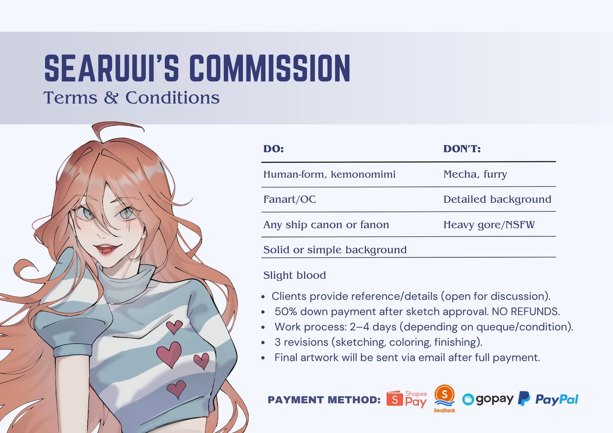searuui's tweet photo. FI'S COMMISSION IS OPEN

Hello~ I'm open for both LOCAL and GLOBAL. You can check out my full terms and portfolio via barcode or link below. If you have any questions, feel free to send me a DM!^^

RT &amp; share are very appreciated! Thank you so much ♡♡ https://t.co/knSIFhoGMw