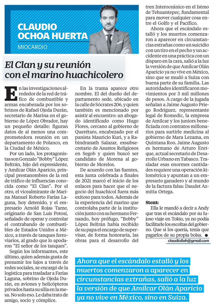 LuisCardenasMx's tweet photo. 🔴 EL CLAN Y EL HUACHICOL

En su columna, @ClaudioOchoaH revela una reunión clave en Polanco entre Gonzalo “Bobby” López Beltrán, Amílcar Olán, y el vicealmirante Roberto Farías, ligado al huachicol. Tras el escándalo, muertos en “circunstancias extrañas” y la versión de que Amílcar ya vive en Suiza.