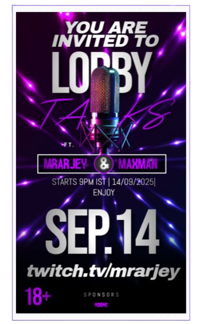Mrarjey's tweet photo. hello everyone tonight we are doing our monthly talk show stream. for this episode we have a special guest @maxman30  if u are a pubgm player, or a pubgm esports enthusiast u might have heard him,  so make sure to stop by and listen in at 9pm IST at https://t.co/3Er3j74H4X https://t.co/bcs8INMhXr