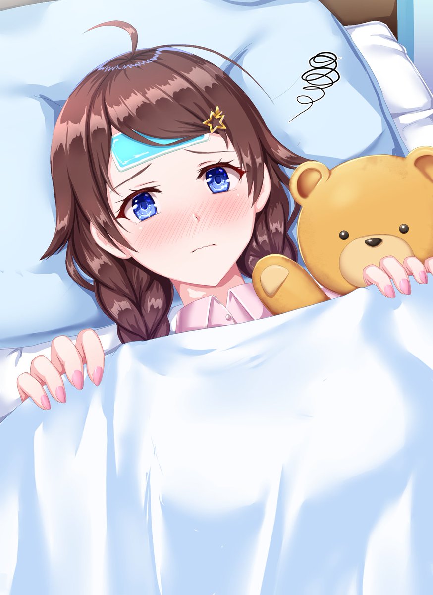あん肝に看病されるそらちゃん
お体お大事に。
#soraArt 
#そらArt
#転ぬい