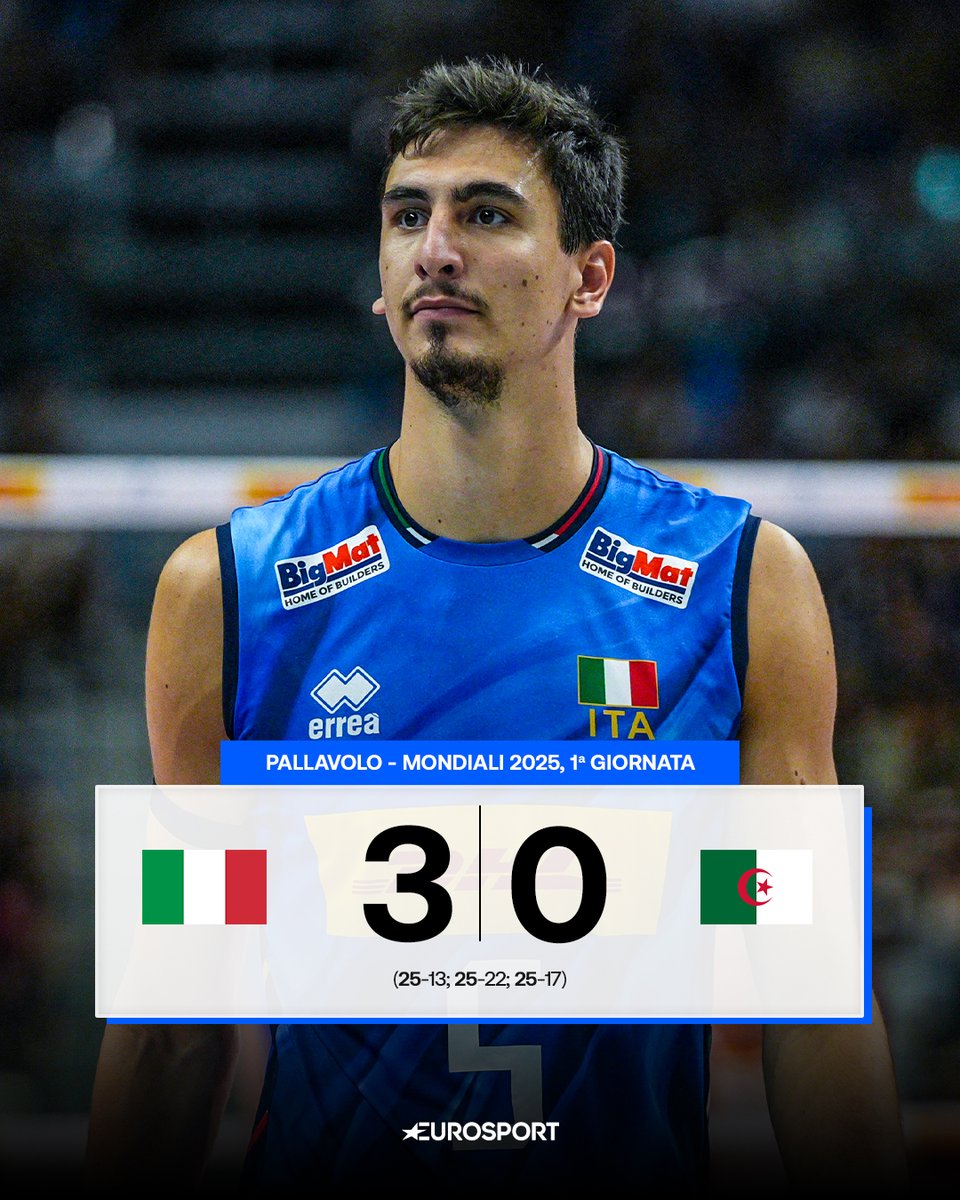 Eurosport_IT's tweet photo. BUONA LA PRIMA! 💪🏻🇮🇹

Gli Azzurri iniziano la difesa al titolo mondiale con una vittoria all'esordio contro l'Algeria in tre set! 🏐🌍

#Volleyball #Pallavolo #ItalVolley #MWCH #Philippines2025 https://t.co/zCdelC6g1s