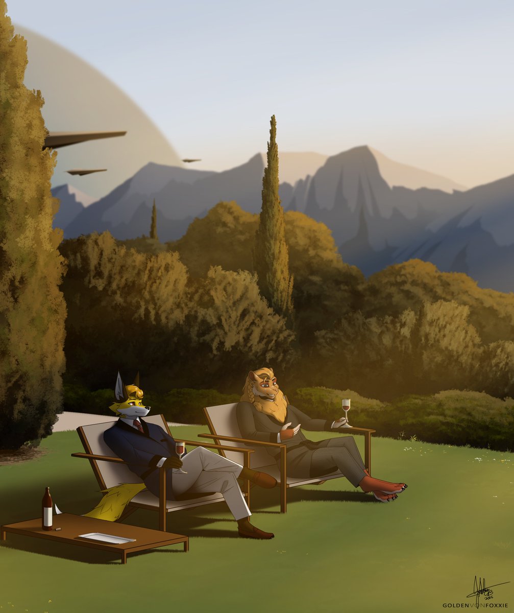 The Emperor, Golddie, and <a href="/F1ukie15/">FlUwUkie</a>, chilling in the palace gardens as the sun sets, drinking wine and talking casually 🍷