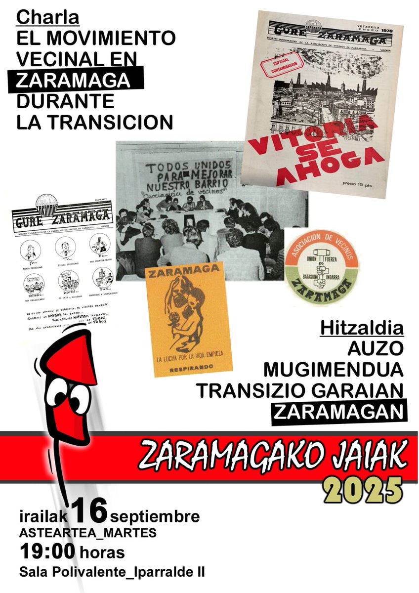 Martxoak3's tweet photo. Un año más nuestra #M3MORIA estará presente en la programación de fiestas del barrio que fue escenario de la masacre de 1976.

✍️ martes 16 de septiembre, 19:00h en Iparralde 2:

🕸️ "EL MOVIMIENTO VECINAL EN ZARAMAGA DURANTE LA TRANSICIÓN"

🗣️ Jon Martinez Larrea (historiador) https://t.co/WDfu5vk6PF