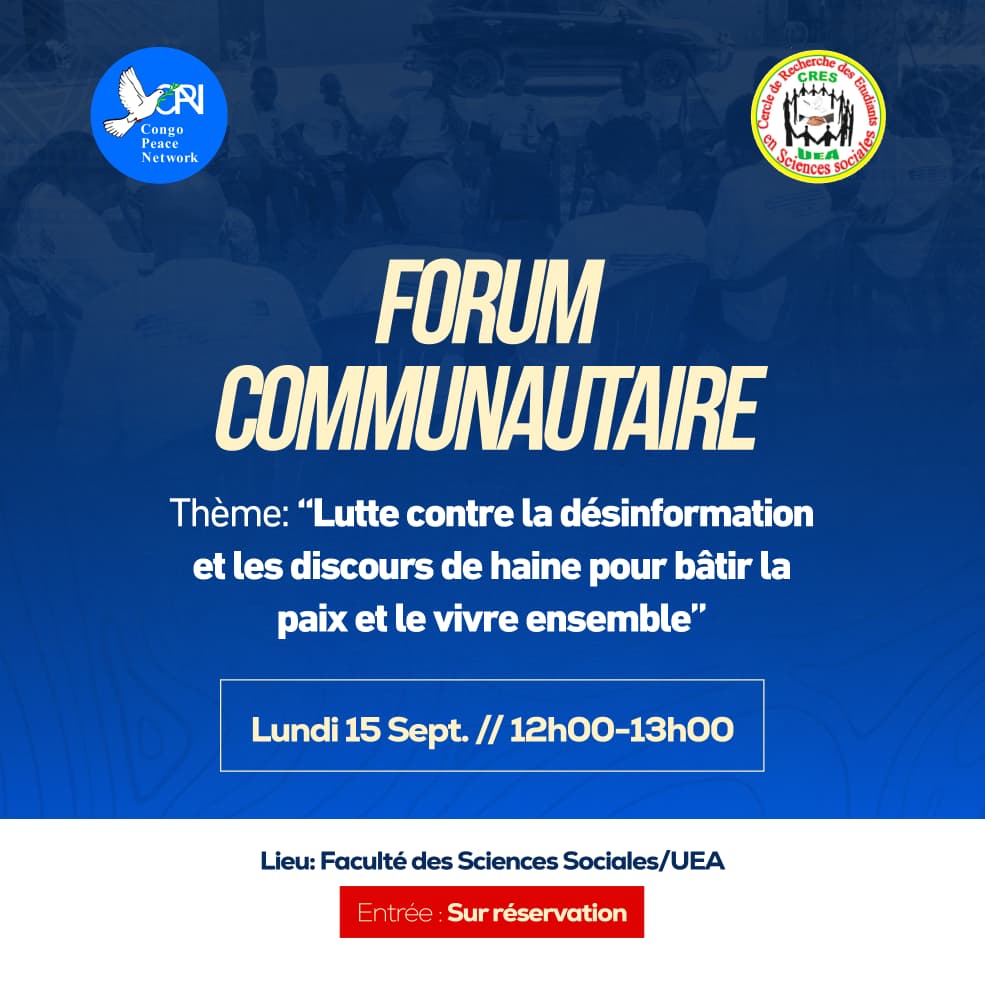 #Bukavu: A la chasse des discours de haine pour bâtir la paix
En collaboration avec la coordination des cercles de recherches de l'UEA, nous organisons un forum citoyen autour de la "Lutte contre la désinformation et les discours de haine pour bâtir la #paix et le vivre ensemble"