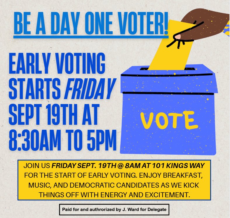 🗳️ Early Voting Starts Friday, Sept. 19th!
⏰ 8:30 AM – 5 PM
📍 101 Kings Way

Join us at 8:30 AM for breakfast, music, and Democratic candidates as we kick off Day One Voting with energy and excitement. Let’s make our voices heard from the start!