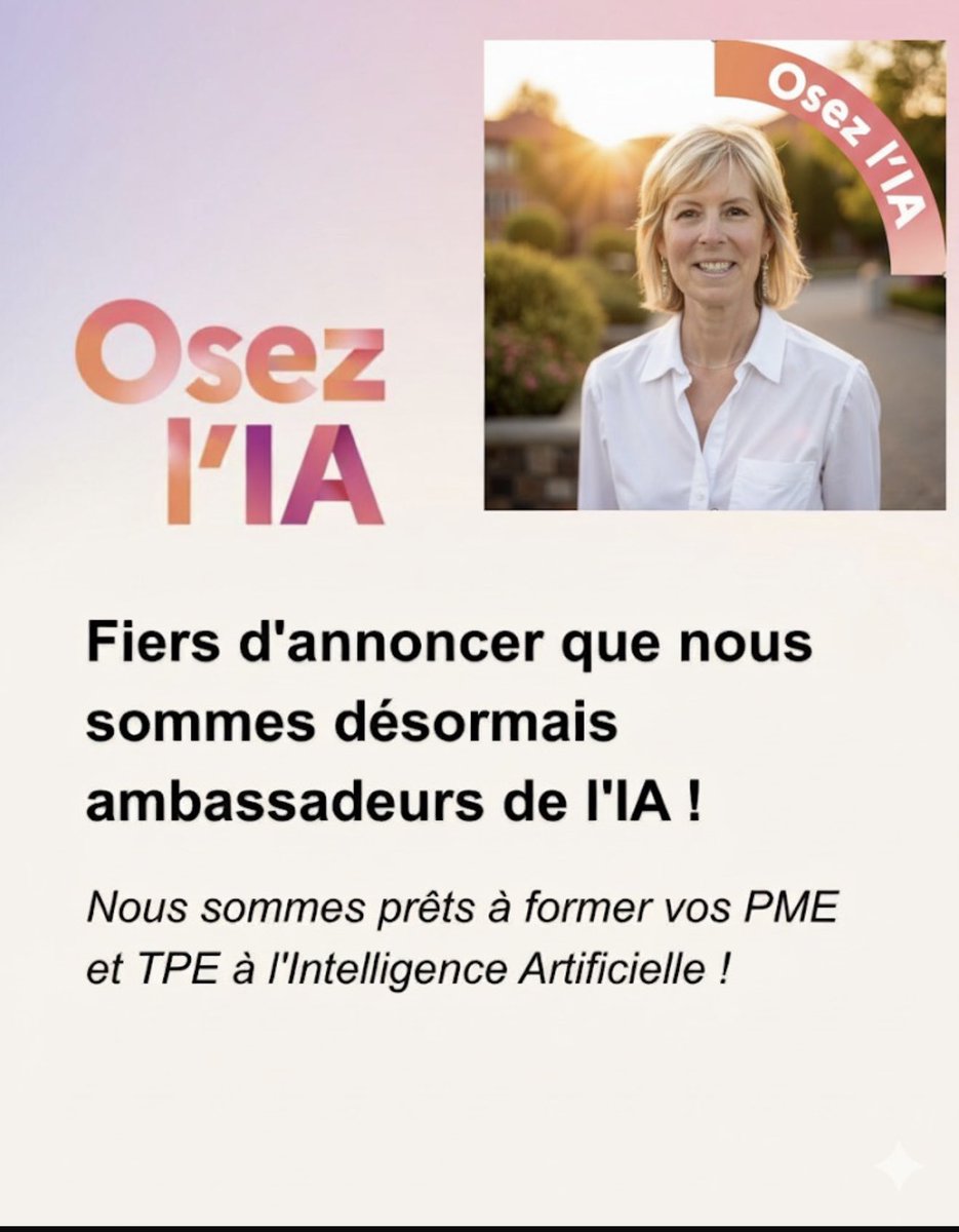 Fière d'annoncer que je fais partie du réseau des 300 ambassadeurs de l'IA ! 🤩 
Merci #ministerenumerique et <a href="/ClaraChappaz/">Clara Chappaz</a>, pr cette nomination sur mon territoire dans le cadre du plan national « Osez l’IA » et initiative #FranceNum. 
Adoptons l’IA ds les entreprises