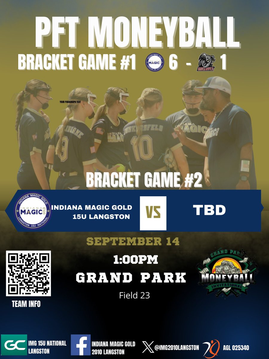 Bracket game #1 down!!!! Let’s go!!!! See you at 1p today!!!! <a href="/kastarr11/">kevin starr</a> <a href="/OliviaStarr2010/">Olivia Starr</a> <a href="/Ava_12_2029/">Ava Lapenta</a> <a href="/Delaney_05_2028/">Delaney Robinson</a> <a href="/PiperWhits37790/">Piper Whitson</a> <a href="/GwenKlun2028/">Gwenavere “G” Klun (2028)</a> <a href="/avery_3_2028/">Avery Langston</a>  <a href="/Sommer_Branigin/">Sommer Branigin</a> <a href="/KJ_Johnson55/">Kinley “KJ” Johnson</a> <a href="/ChloeJ_2029/">Chloe Junkersfeld</a> <a href="/abigail_hebrank/">Abigail Hebrank</a> <a href="/BellaBSoftball/">Bella Blakeley</a> <a href="/MadBurlingame/">Madison Burlingame</a> <a href="/MagicGoldSB/">IN Magic Gold-Green</a>