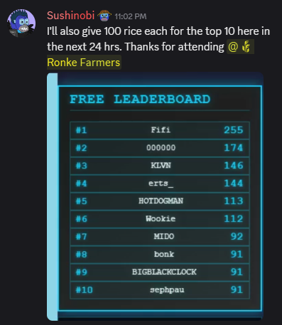 New Game $RONKE Kong contest by <a href="/TriballyGames/">Tribally 🎮</a> 

Get a chance to win 100 $RICE each if you reach top 10 in the next 24 hours.

Game link: snake-plus-plus.pages.dev/ronkekong

Good luck everyone!