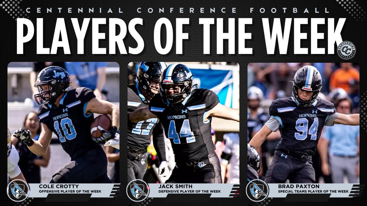 CentennialConference (@centennialconf) on Twitter photo 🏈 FB | PLAYERS OF THE WEEK
Offensive: <a href="/JHU_Football/">Johns Hopkins Football</a> Cole Crotty
Defensive: <a href="/JHU_Football/">Johns Hopkins Football</a> Jack Smith
Special Teams: <a href="/JHU_Football/">Johns Hopkins Football</a> Brad Paxton
📰 bit.ly/4nyURx3
#IgnitingGreatness #CentConf #CCfb #d3fb 🏈 FB | PLAYERS OF THE WEEK
Offensive: <a href="/JHU_Football/">Johns Hopkins Football</a> Cole Crotty
Defensive: <a href="/JHU_Football/">Johns Hopkins Football</a> Jack Smith
Special Teams: <a href="/JHU_Football/">Johns Hopkins Football</a> Brad Paxton
📰 bit.ly/4nyURx3
#IgnitingGreatness #CentConf #CCfb #d3fb