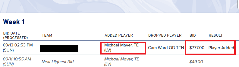 fantasymojo (@fantasymojo) on Twitter photo Best way to CRUSH YOUR LEAGUE is to outbid your opponents by $700 to roster Michael Mayer in this mornings <a href="/FFPC/">The FFPC</a> Waiver Run.
The winning team doesn't even have Brock Bowers.  It's the ultimate flex of dominating the waiver wire. 💪💪 Best way to CRUSH YOUR LEAGUE is to outbid your opponents by $700 to roster Michael Mayer in this mornings <a href="/FFPC/">The FFPC</a> Waiver Run.
The winning team doesn't even have Brock Bowers.  It's the ultimate flex of dominating the waiver wire. 💪💪