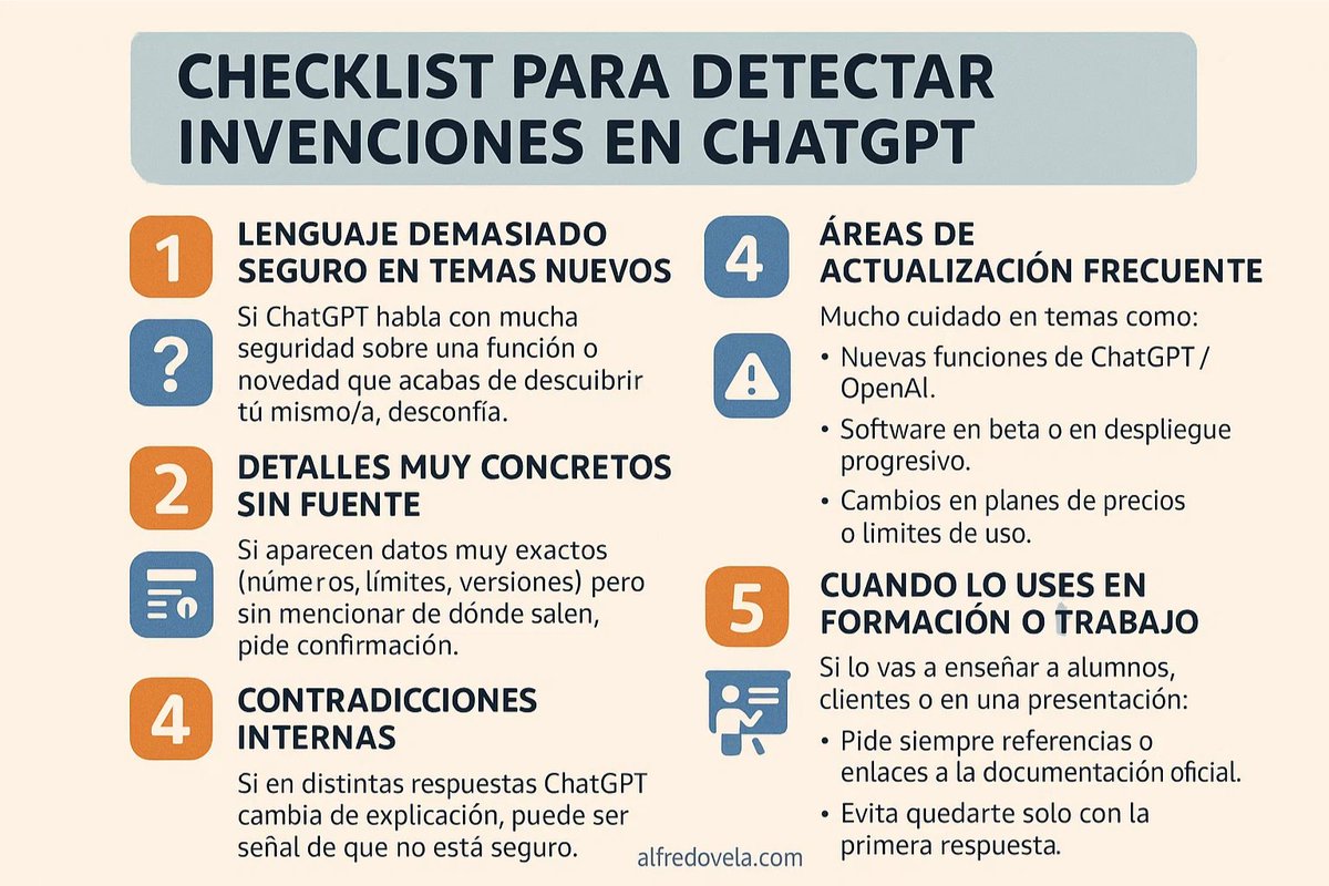 Aquí os dejo con un checklist para detectar "invenciones/alucinaciones" de ChatGPT u otros LLM.
#infografia #chatgpt #inteligenciaartificial #ai #ia