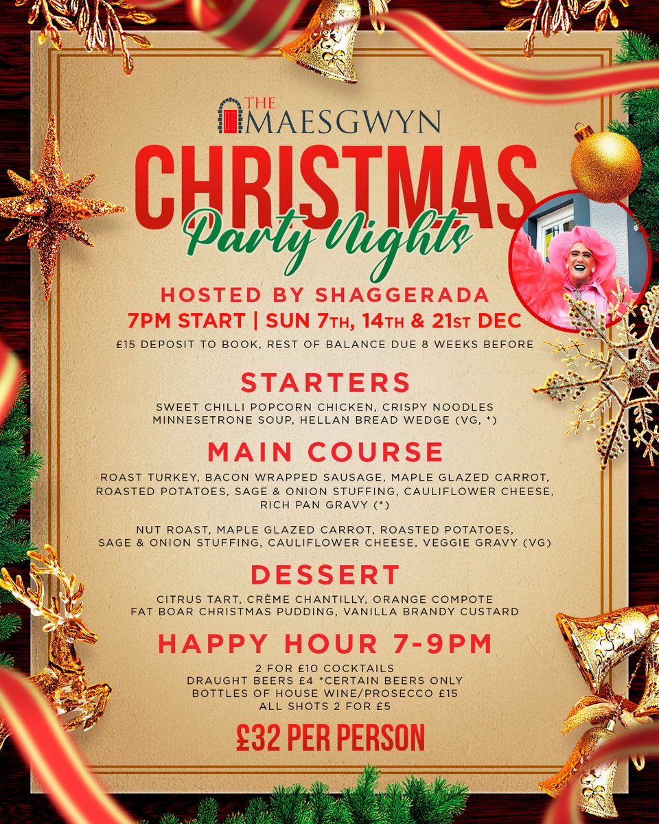 🎉 CHRISTMAS PARTIES ALERT! 🎄

😜 Hosted by Shaggerada

🗓️ Sunday 7th, 14th &amp; 21st Dec 2025
🕖 From 7pm 
✅ Three courses
🍻 HAPPY HOUR 7pm to 9pm 

Get your party on with the perfect Christmas celebration!

BOOK NOW!

Just £15 deposit, balance due 8 weeks before!