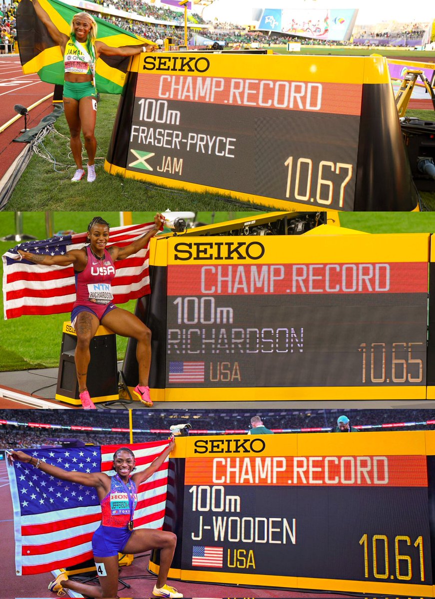 The women's 100m Championship Record taking a hit every time since 2022!

Eugene 2022 - Shelly-Ann Fraser-Pryce 🇯🇲 10.67
Budapest 2023 - Sha'carri Richardson 🇺🇸 10.65
Tokyo 2025 - Melissa Jefferson-Wooden 🇺🇸 10.61