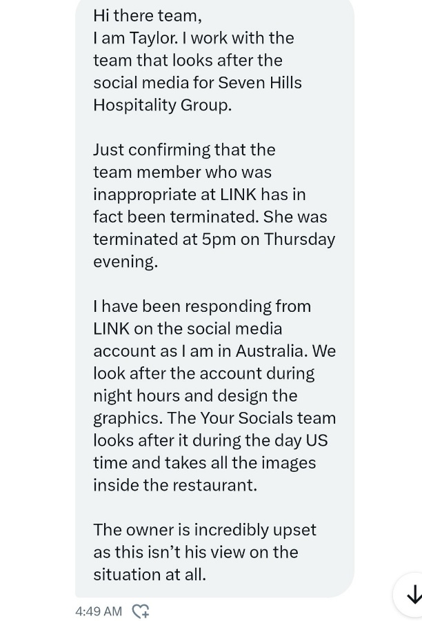 I had someone reach out to me last night claiming to be from the restaurant's social media team.

However, their message is very weird for a number of reasons which they haven't responded to yet.

I haven't seen any other posts about what she had done that might have led to her
