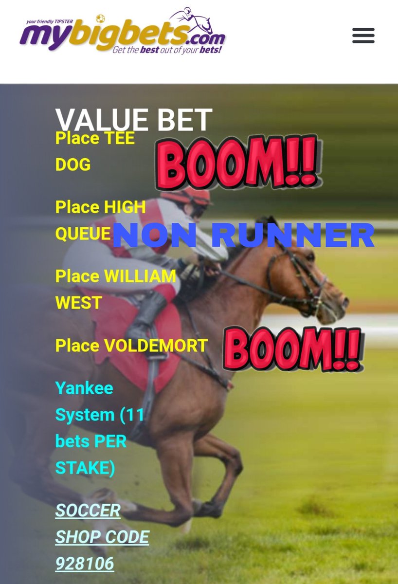 MyBigBets1's tweet photo. 💥2 OF 3 YANKEE BET BOOM💥
YANKEE LINK https://t.co/yRbqxe0Ire ✅️
🏇🏻🏇🏻🏇🏻🏇🏻💥💥💥💥🏇🏻🏇🏻🏇🏻🏇🏻🏇🏻
🎙GARDNERS PRIDE PODCAST🎙
❤️🔥🏇🏻BOOM BOOM BOOM🏇🏻❤️🔥
®️LET THE BOOMS FIND YOU®️
MYBIGBETS ❤️🔥
#Mybigbets #HorseRacing #HorseRacingtips #bighie
#CharlieKirk #CapeTown #ARSvsNOT #England #soccer #winning #biggie #betway #boom #HorseRacingtipsters #INDvsPAK #CaneloVsCrawford #liverpool
