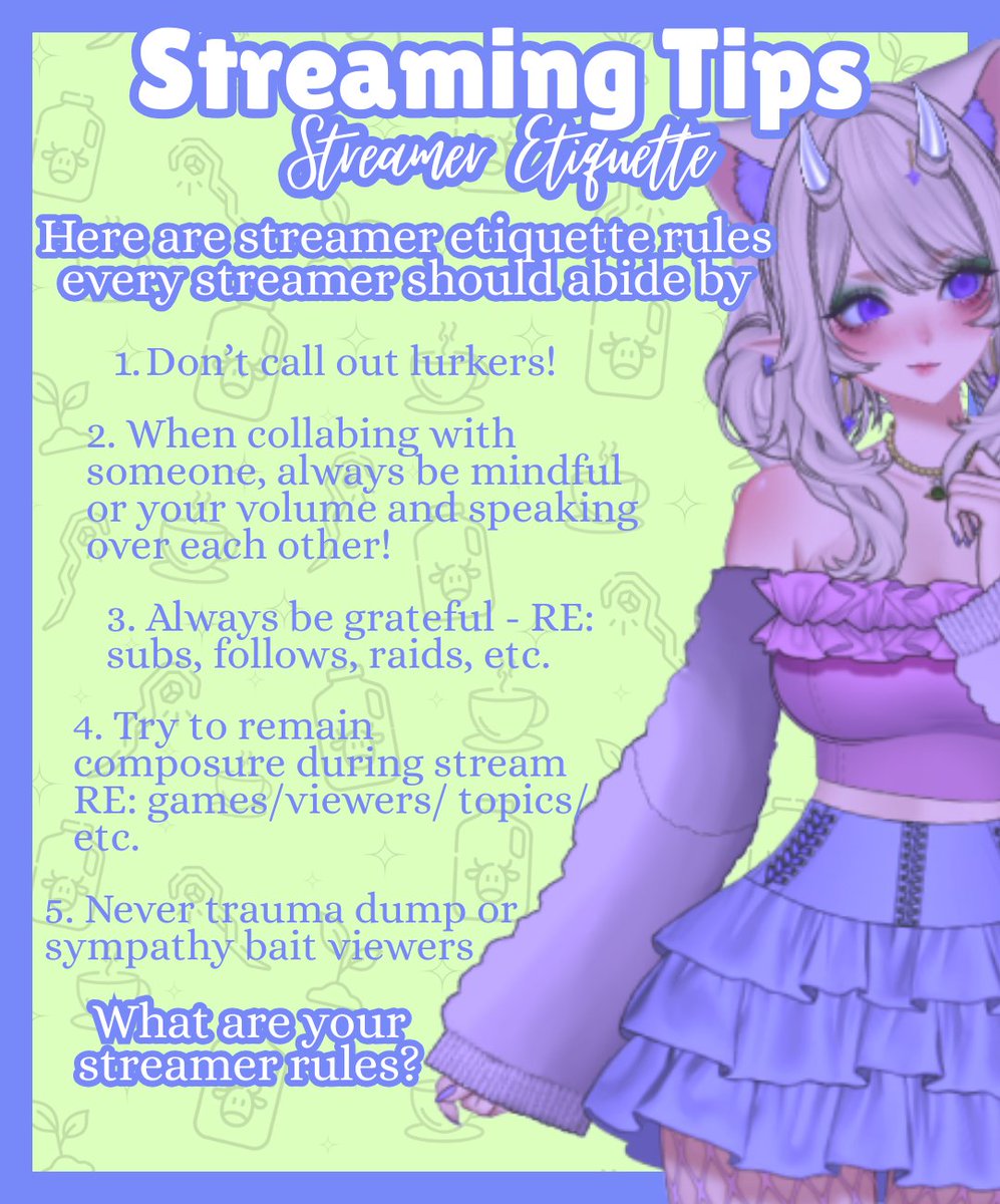 COWFIE_'s tweet photo. Sunday Streaming Tips! ☀️

On Today's Agenda: Streamer Etiquette! 💜

Here are a few things I like to keep in mind when streaming!
What are your streamer etiquette rules? 🌱 https://t.co/pGrwAgfuF9