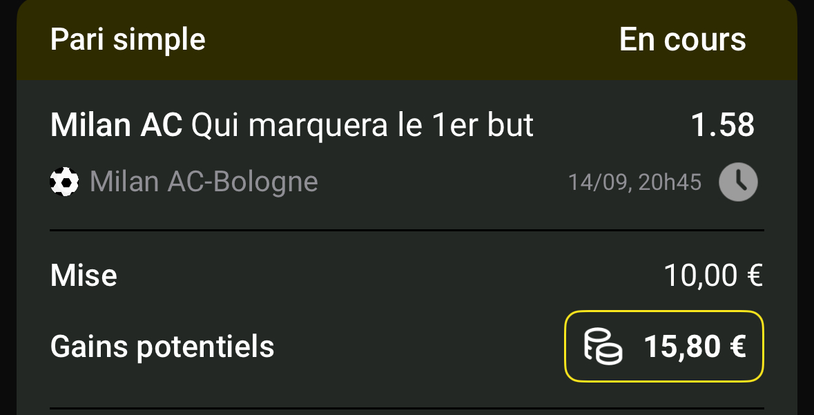 Milan AC Vs Bologna - 𝗠𝗶𝗹𝗮𝗻 𝗦𝗰𝗼𝗿𝗲 𝗳𝗶𝗿𝘀𝘁@𝟭.𝟱𝟴 𝗽𝗿𝗼𝗯𝗮𝗯𝗶𝗹𝗶𝘁𝘆 𝗼𝗳 𝘁𝗵𝗲 𝗯𝗼𝗼𝗸𝗺𝗮𝗸𝗲𝗿𝘀' 𝗼𝗱𝗱𝘀 𝟲𝟯,𝟯 %( 𝗘𝗩+𝟭𝟬.𝟲%) based on the model <a href="/sire_agent/">SIRE</a> #SireBets